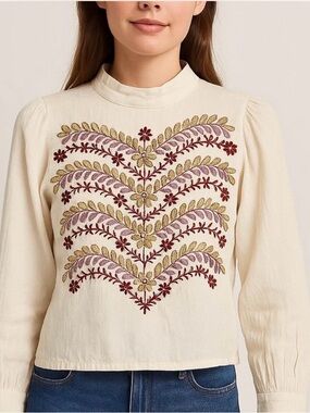 Anthropologie Cream Embroidered Mock-Neck Blouse with Burgundy and Gold Detail